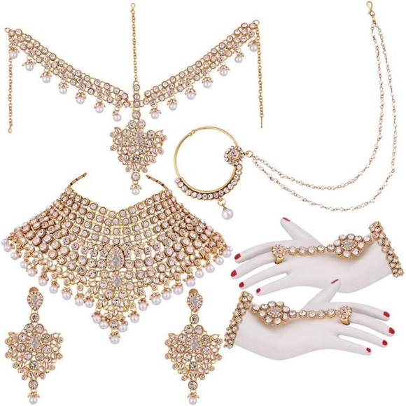 Indian Bridal Jewelry Set Necklace earrings nose ring Wedding 24k gold plated